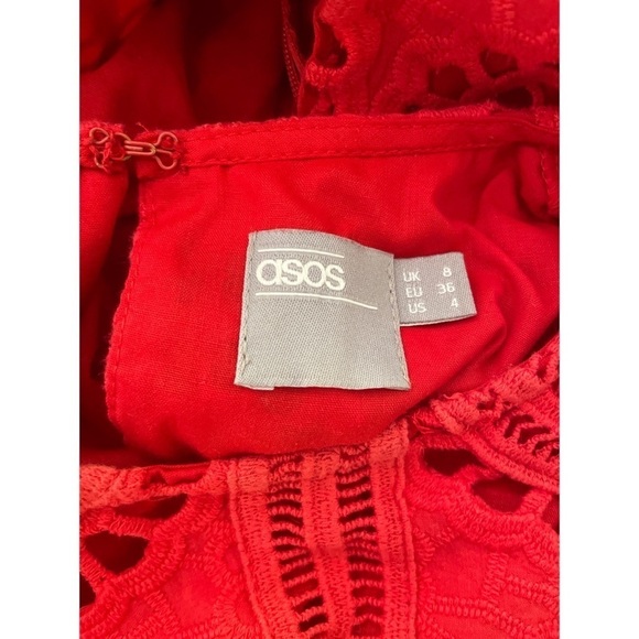 ASOS Premium Broderie Fabric Lace Eyelet Cocktail Red Cotton Midi Dress US 4 - Picture 3 of 12
